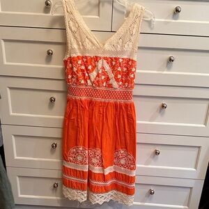 Anthropologie Orange and Cream Midi Dress